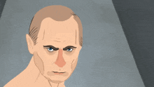 a man without a shirt is pointing upwards with his finger