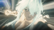 a woman with white hair and red eyes is holding a fist in her hand .