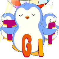 a group of penguins with the letter g on their chest