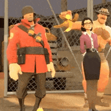 a group of cartoon characters are standing next to each other .