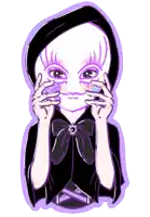 a drawing of a girl with a black hood and a purple bow