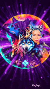 a painting of a woman surrounded by wolves with the name kat on the bottom