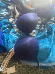 a purple bra with a rainbow strap is laying on a blue blanket