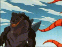 a cartoon character is standing in front of a blue sky with a snake coming out of it 's mouth .