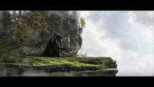 toothless sits on the edge of a cliff with trees in the background