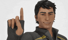 a man in a black jacket is pointing up with his finger