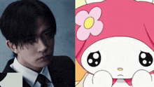 a man in a suit and tie next to a cartoon character with a flower on his head