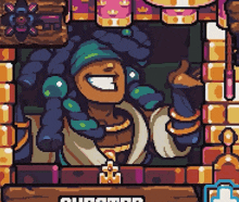 a pixel art illustration of a woman with blue hair giving a thumbs up and smiling .