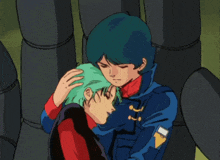 two anime characters are hugging each other and one has a badge on his chest that says " i "