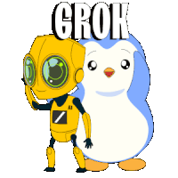 a robot and a penguin are standing next to each other and the penguin has the word crok on it