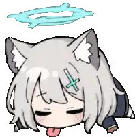 a cat girl with a cross on her forehead is laying on the floor with her tongue hanging out .