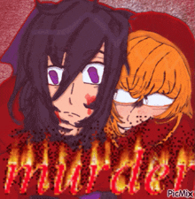 a drawing of two anime characters with the word murder on the bottom right