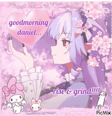 a picture of a girl with purple hair says good morning daniel rise & grind