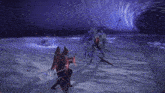 a person in a video game is standing in the snow