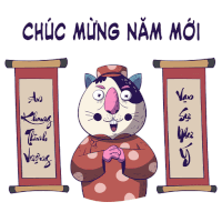 a cartoon drawing of a cat holding a cane in front of two scrolls with chinese writing