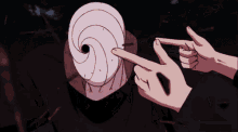 a cartoon character with white hair and black eyes is pointing at the camera