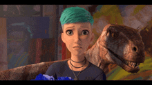 a cartoon girl with blue hair stands next to a dinosaur