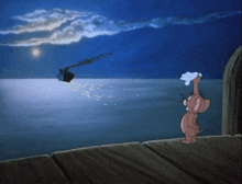 a cartoon mouse is standing on a dock looking at a ship in the ocean