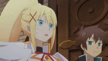 a couple of anime characters standing next to each other with one making a face