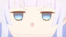 a close up of a girl with white hair and blue eyes