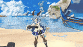 a girl in a blue dress is standing on a beach