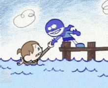 a cartoon drawing of a boy helping another boy out of the water