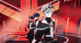 a group of anime characters are standing on a stage and one of them is wearing a goggles