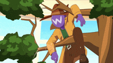 a cartoon drawing of a man with a w on his face standing on a tree branch