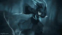 a ghost is flying through the air in a dark forest in a painting .
