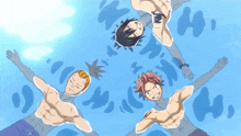 a group of cartoon characters are swimming in a pool with a blue background