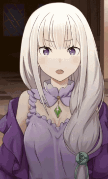 a girl with white hair and purple eyes wears a purple dress