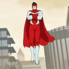 a cartoon superhero is flying through the air in front of a city .