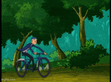 a cartoon of two boys riding bicycles in a forest
