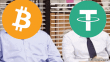 two men sitting next to each other with a bitcoin and tether icon on their heads