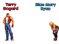 a pixel art of terry bogard and blue mary ryan standing next to each other