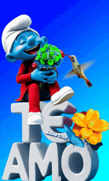 a smurf is holding a bouquet of flowers while a hummingbird perched on a sign that says amo