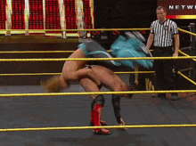 a referee watches two wrestlers in a ring with the word netw on the bottom