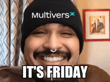 a man wearing a beanie that says " multivers " on it