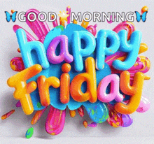 a colorful happy friday greeting card with balloons and a butterfly .