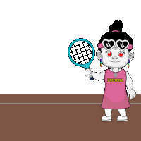 a cartoon of a girl holding a tennis racquet with zhotota written on her shirt