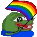 a pixel art of a frog holding a rainbow flag