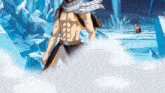 a shirtless anime character with a scarf around his neck is standing in a snowy area