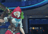 a woman in a red hooded costume is holding a sword