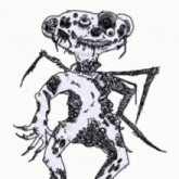 a black and white drawing of a dalmatian dog with a large head and arms .