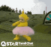 a picture of a teletubbies character dancing with a star tamil chat logo in the background