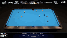 a pool table with the us open bank pool championship logo on it