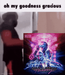 a man is standing in front of a simulation poster