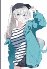 a girl wearing a striped shirt and a hat