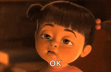a cartoon girl from the movie monsters inc is yawning and saying ok .