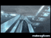 a video game character is walking down a staircase .